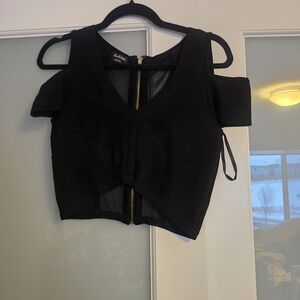 bebe Black Cold-Shoulder Bandage Zip-Front Crop Top